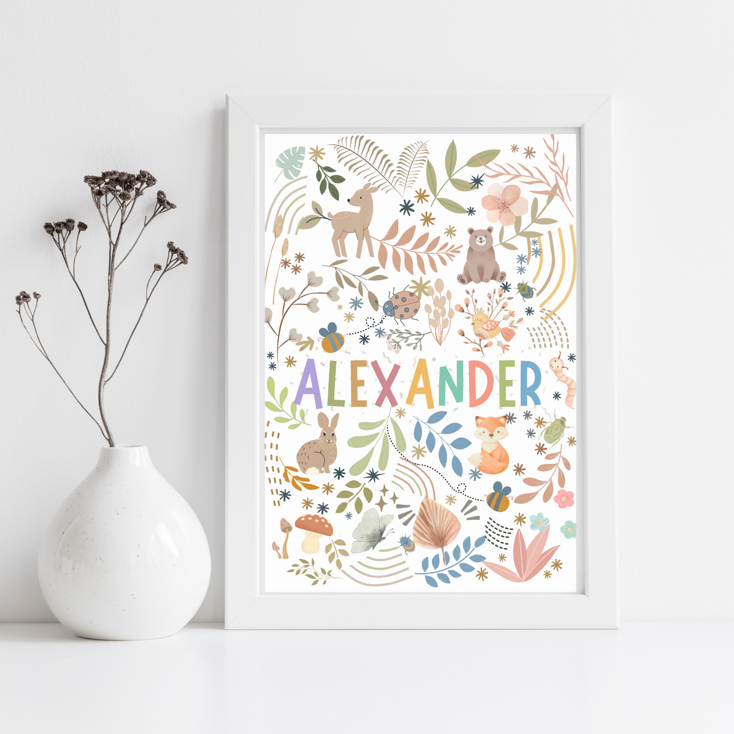 Personalized Name Poster for Kids – Custom Nursery Wall Art – Woodland Animals and Bugs Design Kids Poster