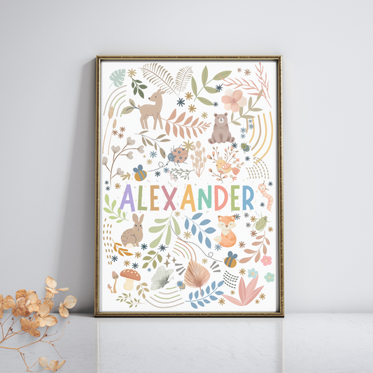 Personalized Name Poster for Kids – Custom Nursery Wall Art – Woodland Animals and Bugs Design Kids Poster